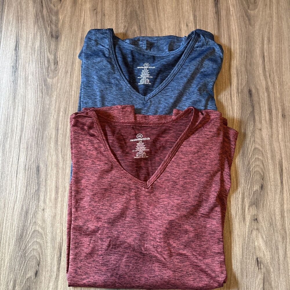 Real Essentials Women’s V Neck Lot of 2 Athletic Tops Blue and Crimson Size 1X